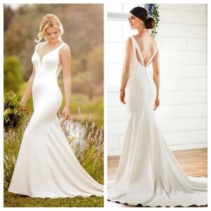 Essense of Australia D2473 Plunging Illusion Tulle Mermaid Train Wedding Dress